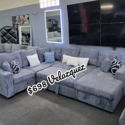 ✅️✅️Dark grey corduroy fabric sectional sofa with storage chaise and love seat and pop up sleep area in center USB charging✅️