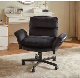 Velour Thick Cushioned Cross-Legged Office Chair in Black with Adjustable Padded Arms, Mid Back Vanity Chair for Bedroom