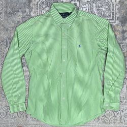 Ralph Lauren Shirt Men Size 16.5 / L Green White Striped Button Up Custom Fit 