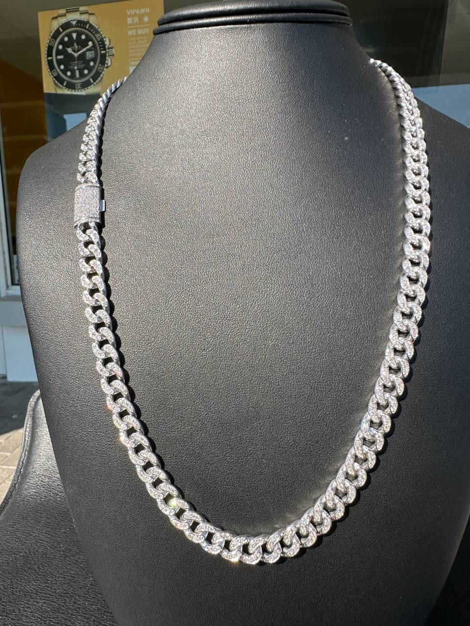 14k solid white gold Cuban chain 100 grams 15CT natural Si diamonds 24 inches 8mm