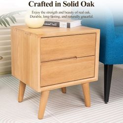 Cttasty Nightstand, Solid Wood Small End Table w/2 Drawers, Modern Bedside Tables, Mid Century Night Stand