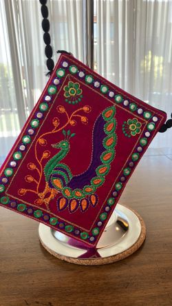 Title Vibrant Magenta Embroidered Peacock Crossbody Bag / Passport Pouch (8" x 7")