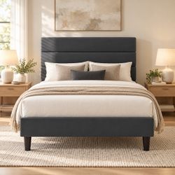 New Twin Bed Frame Velvet Upholstered Headboard, No Box Spring Needed, Grey