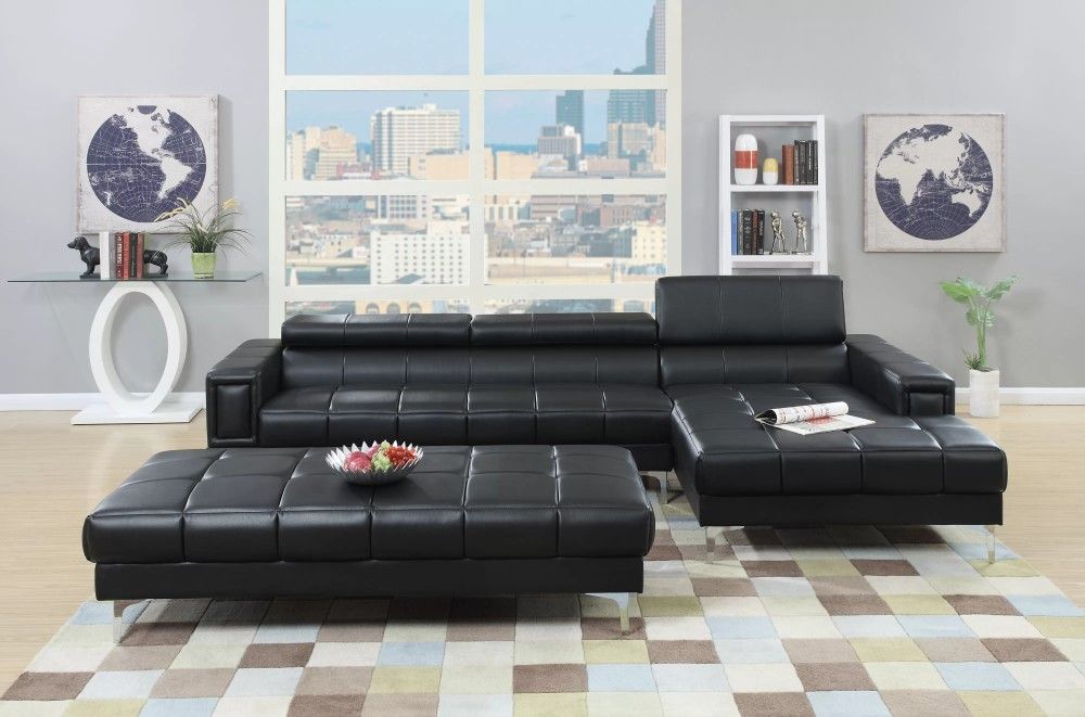 Brand New Black Leather Modern Style Sectional Sofa (Ottoman Sold Separately)
