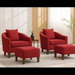 Set Of 2 Red Modern Linen Upholstered Armchair Lounge / Accent Barrel Chair with Ottoman [NEW{