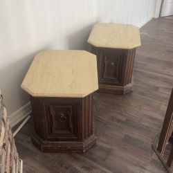 Two Marble Top Wood Nightstands