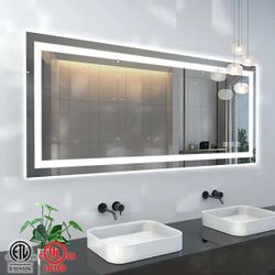 55 in. W x 30 in. H Rectangular Frameless LED Light Anti-Fog Wall Bathroom Vanity Mirror Super Bright Front Light