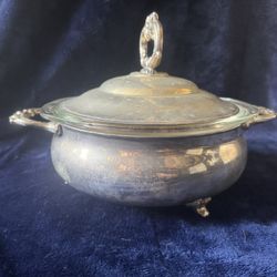 Vintage Silverplate Serving Bowl with Lid + Glass Pyrex Insert