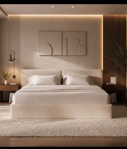 King  SIZE Cloud  Platform Bed Frame with Pillow Headboard,light beige Noise-Free Stability G-71