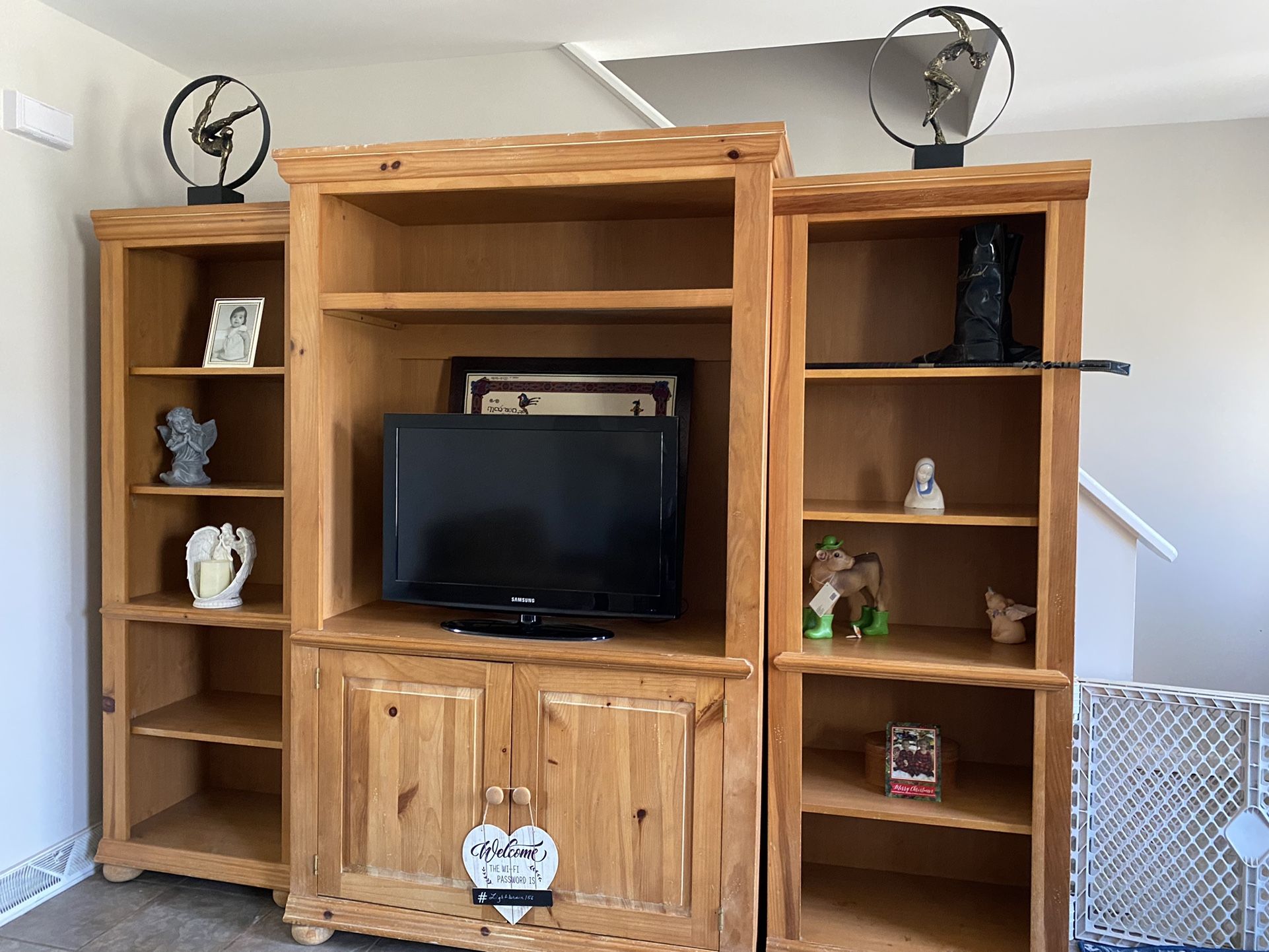 Distressed Look Armoire And Side Shelving