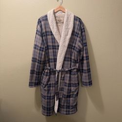 Men’s XL UGG Australia Navy Blue Beige Plaid Sherpa Cozy Belted Robe