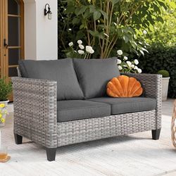 ovios Patio Loveseat, 2-Seater Outdoor Wicker Sofa Couch with Comfy Cushions, All Weather High Back Deep Seating Rattan Love Seat for Porch Deck Balco