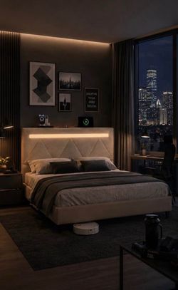 Brand New Full Size Bed Frame w/ LED Lights & Charging Station ✨