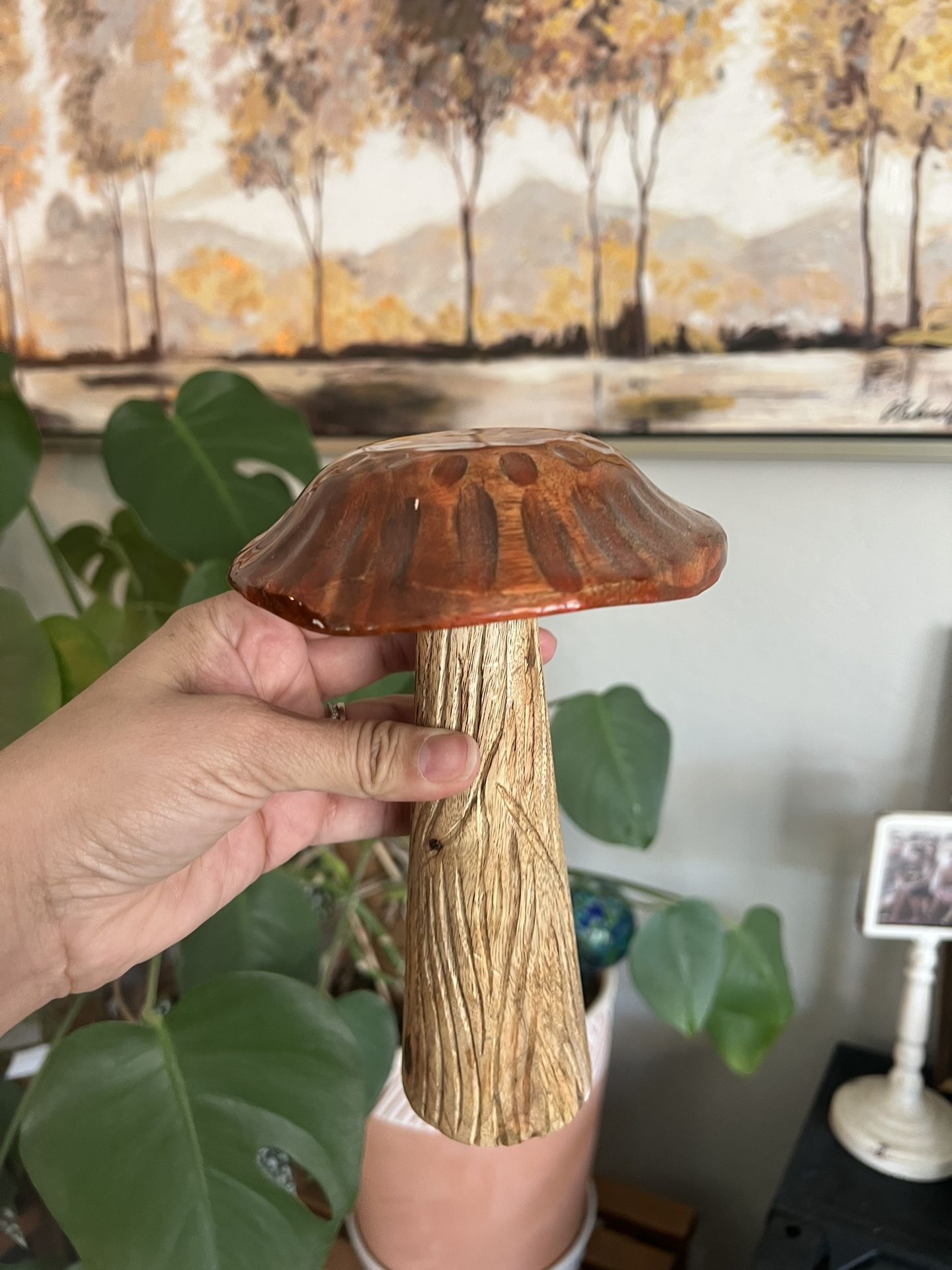 Ceramic Wood Mushroom Art Sculpture 9in