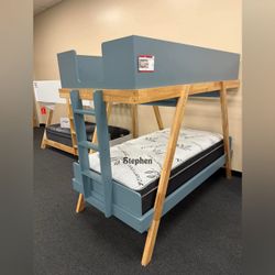 Wood Twin Over Twin Bunk Bed Blue and Natural