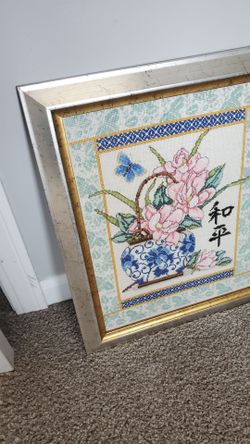 Framed Floral Cross Stitch Needlework Art 14 x18 1of a kind