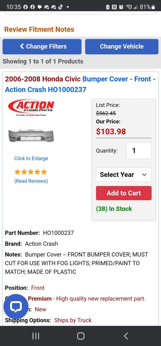 2006-2008 Honda Civic Bumper Cover Primed Black With Fog Lights