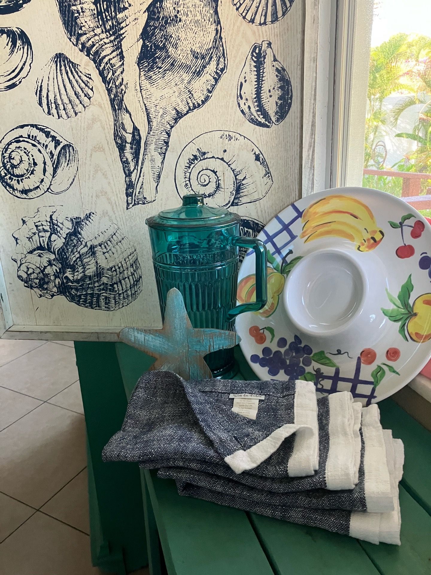 Coastal wooden tray/picture of shells. Bundled with picnic ware. Delray