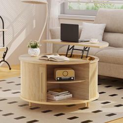 ❤️🔥 31.5" Round Lift-Top Coffee Table with Fluted Sliding Doors and Storage Natural Oak $75