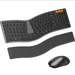 MEETION Slim Ergonomic Keyboard and Mouse with Separate Wrist Rest, Black Rechargeable low-profile scissor keyboard with flat split layout, dual Bluet