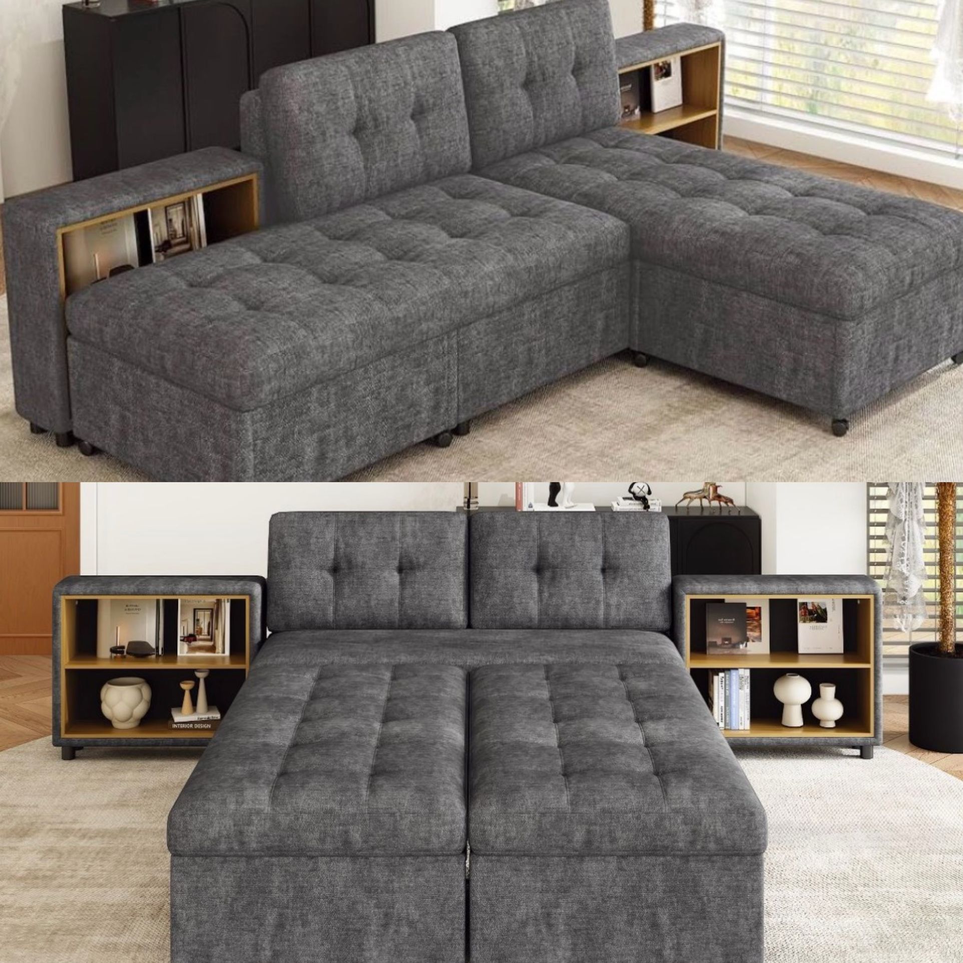 121” Gray Versatile Modular Sectional Sofa Bed with Dual Storage Shelves [NEW IN BOX]
