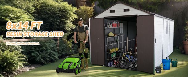 8x14x7.6 Ft Outdoor Resin Storage Shed with Windows, Strong Aluminum Frame & Floor for Garden, Backyard Organization (White+Brown)