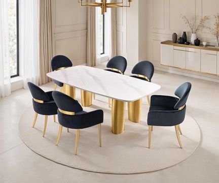 7 PIECE DINING TABLE SET GLAM STONE TOP STAINLESS STEEEL WHITE / GOLD / BLACK