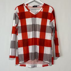 Suvimuga Women’s Long Sleeve V Neck Plaid Print Tee Shirt Red Grey & White NWOT