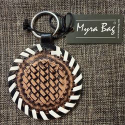 New Myra Bag “Protector” Charm Leather Keyfob S-10781 Black, White And Brown 3”