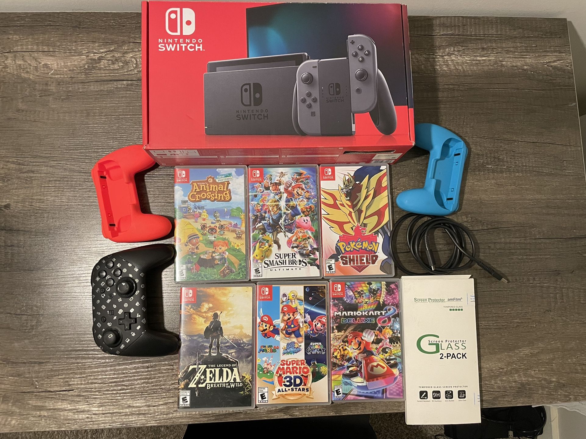 NINTENDO SWITCH BUNDLE, Pro Controller, 6 Games, Carrying Case, Extra Screen Protector, 2 Joycon Grips