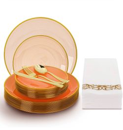 N9R 180PCS Orange Plastic Plates with Gold Trim, Disposable Party Dinnerware Set for 30 Guests, Include 30 Dinner and Salad Plates, Napkins, Forks, Sp