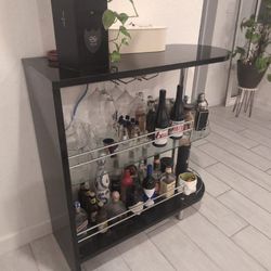 Sleek Black Bar With Glass Shelves/ Bar Cart / Bar Stand / Console / Wine Rack 