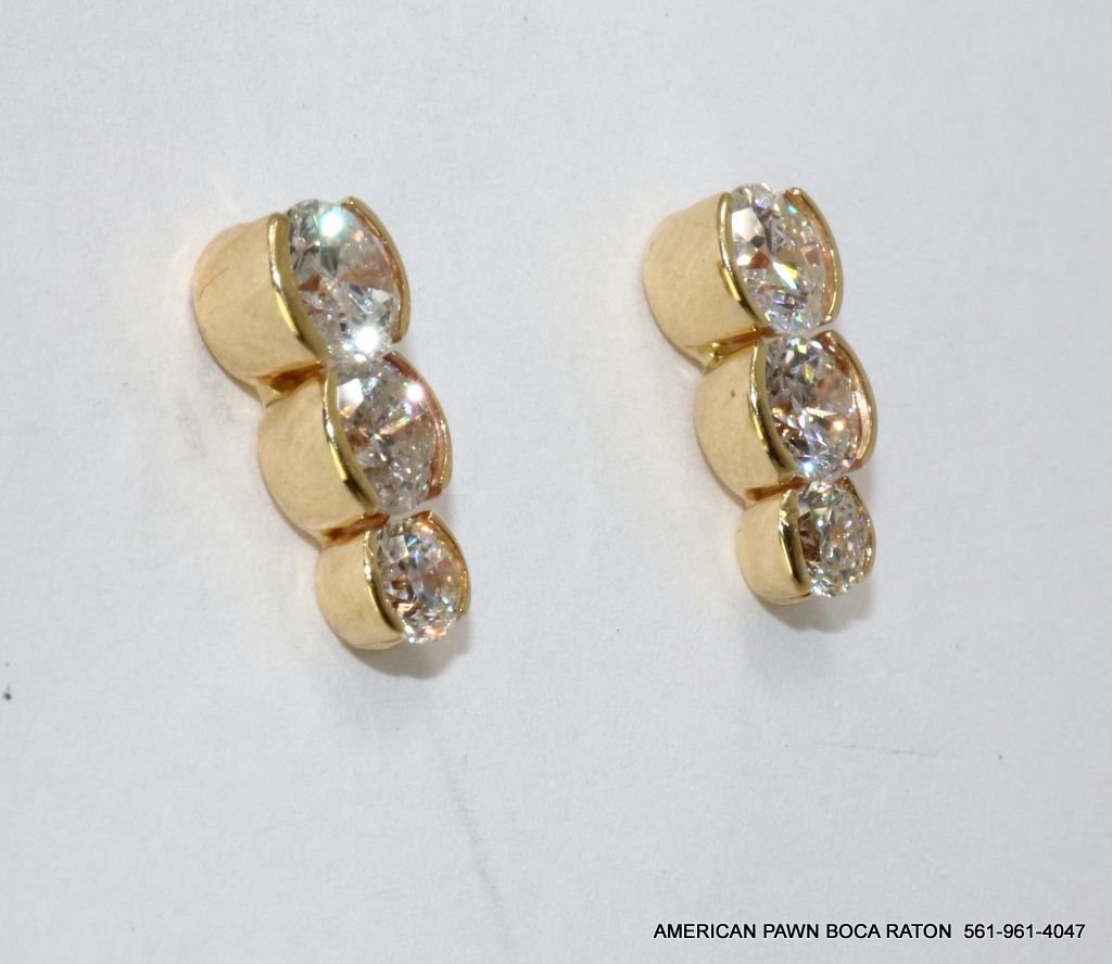 Round Three Stone Diamond Earrings 14k Solid Yellow Gold Bezel Set with Large Backs