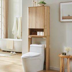 Over The Toilet Storage Cabinet with Adjustable Shelf & Handle-Less Double Doors, Modern 67 Inch Tall Wooden Bathroom Cabinet, Natural