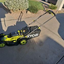Ryobi 18v Brushless 16" Walk Behind LAWN MOWER WITH 2 3.8AH BATTERY AND CHARGER $170 CORD LESS BATTERY OPERATED WITH. CHARGER Obo