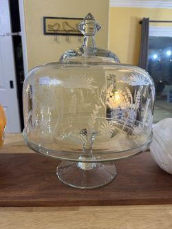 Etched Glass Cake Stand With Dome  