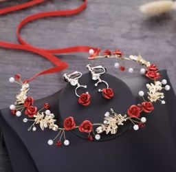 Gold Tie Around Tiara And Clip On Earrings