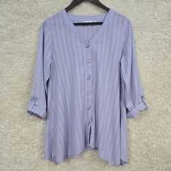 Habitat Top Womens Small Stripe Button Roll Tab Sleeve Purple Lagenlook Flowy 