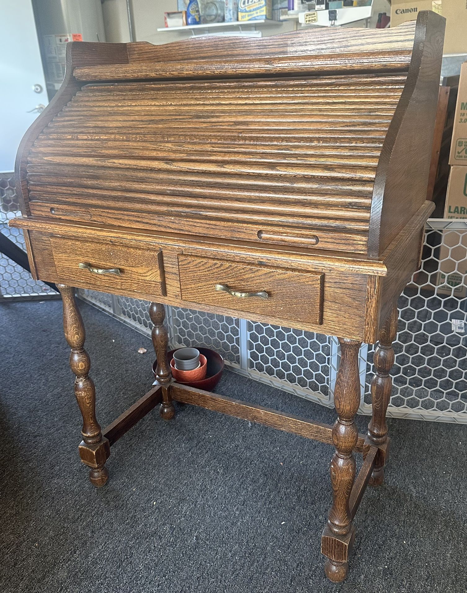 Vintage Wooden Roll Top Writing Secretary Desk