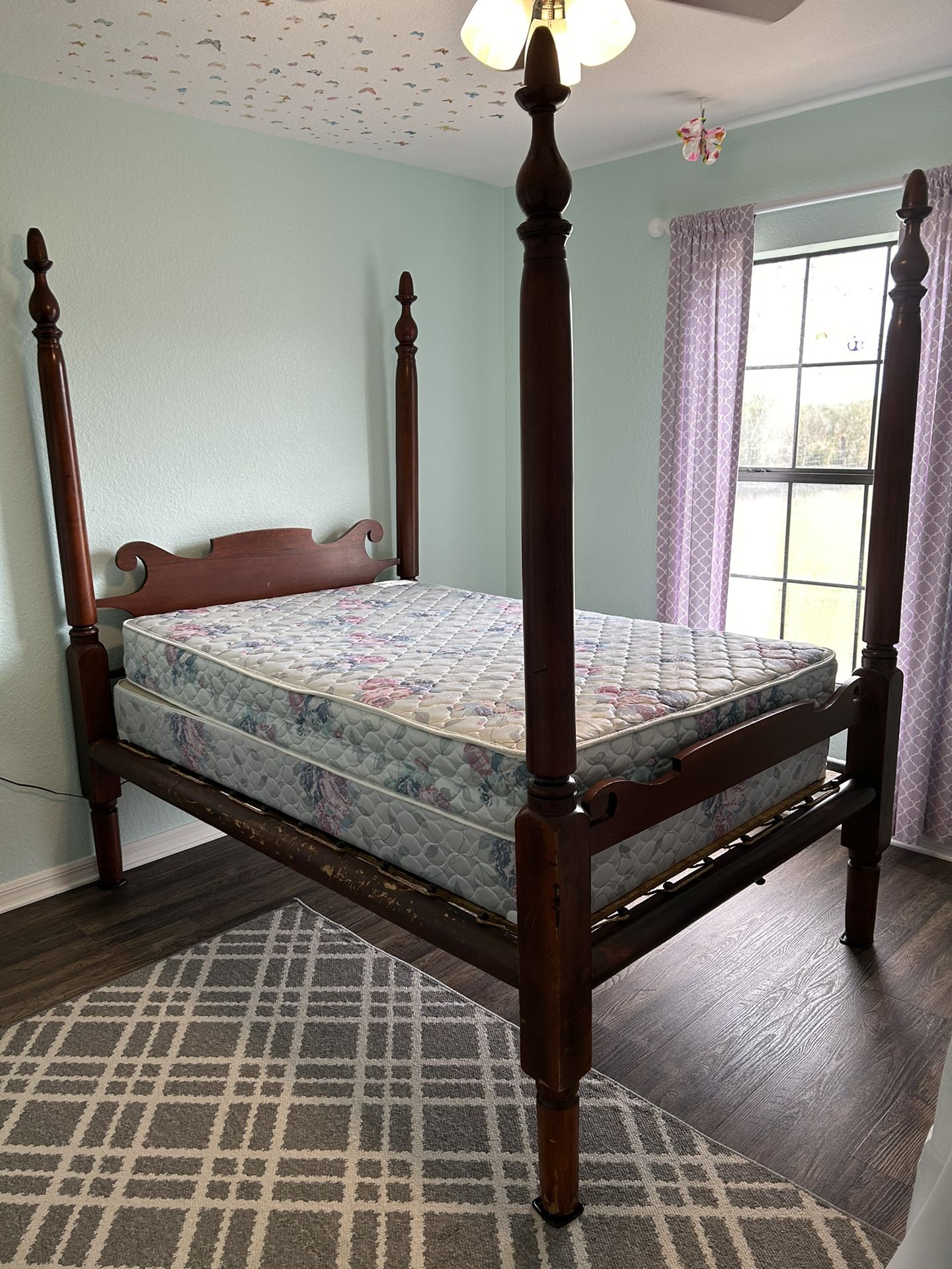 Antique Solid Wood Four Poster Rope Bed