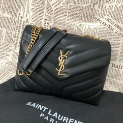 Yves Saint Laurent black goat pattern gold buckle shoulder bag 