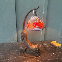 Vintage Tiffany Style Stained Glass 19” Lamp Stretching Cat Heavy 8lb