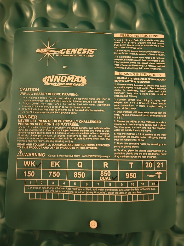 Innomax 850 waterbed, heaters, and frame