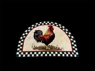 Rooster Hooked Wool Rug Half Round