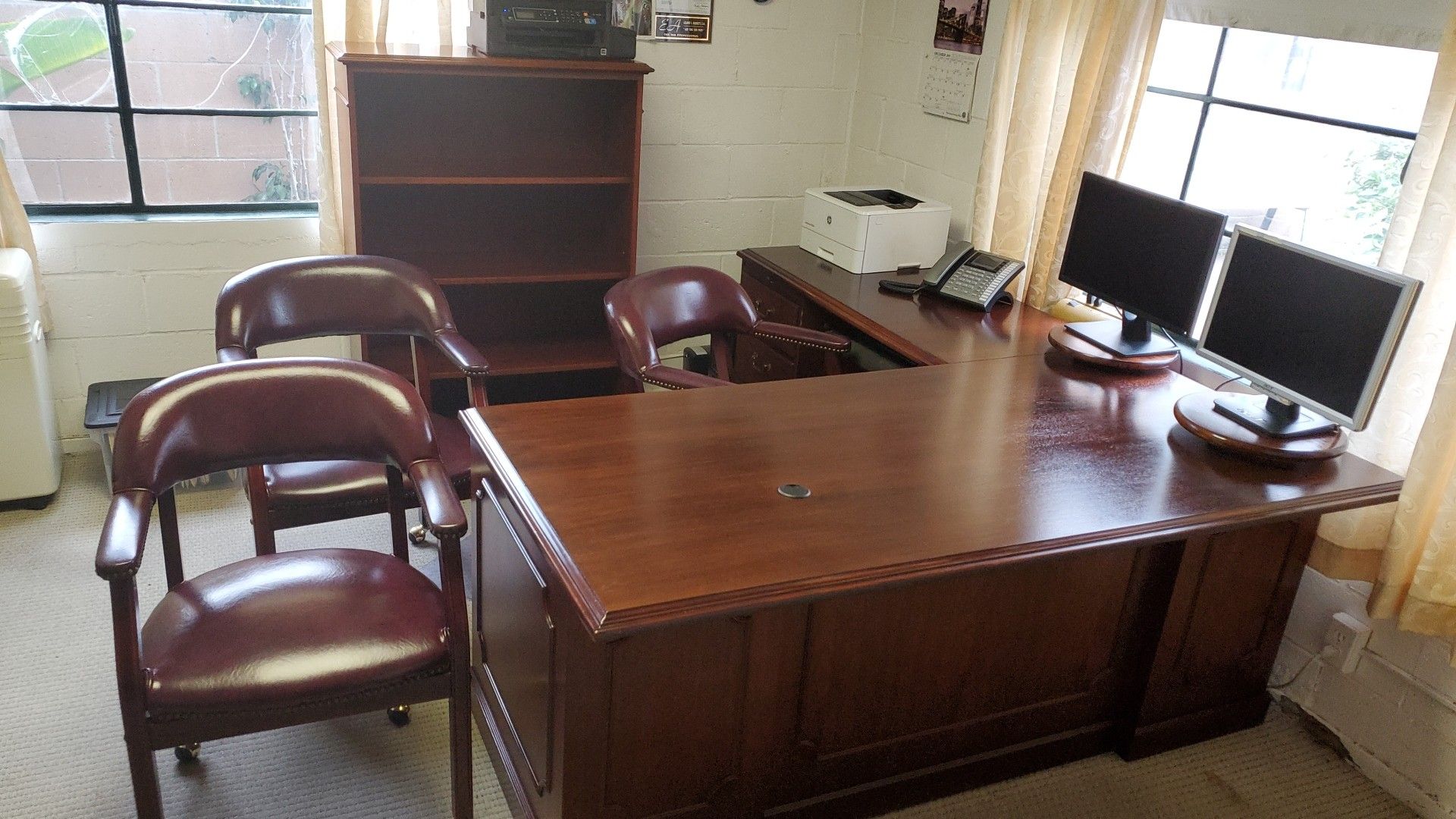 Solid Wood office furniture, "L" shape Desk , book case, and credenza. Reg price $2500