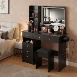Homy Casa · Aarhus 41" Vanity Dressing Table with LED Mirror & Power Outlets · Storage Drawers + Stool