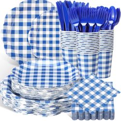 400 Pcs Gingham Party Supplies for 50 Guests Dark Blue and White checkered pattern 
