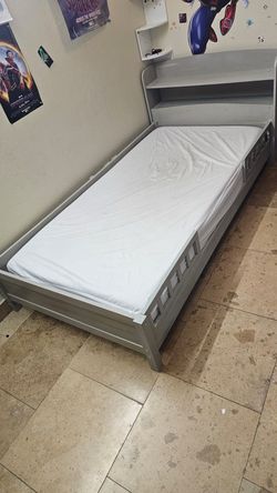 Gray Twin Bed Frame with Storage Headboard and mattress
