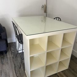 Pottery Barn Bedford project table with custom glass top and 2 Stools