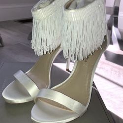White BCBGMAXAZRIA heels | Sz: 8  Beautiful linear beaded fringe, satin heels 